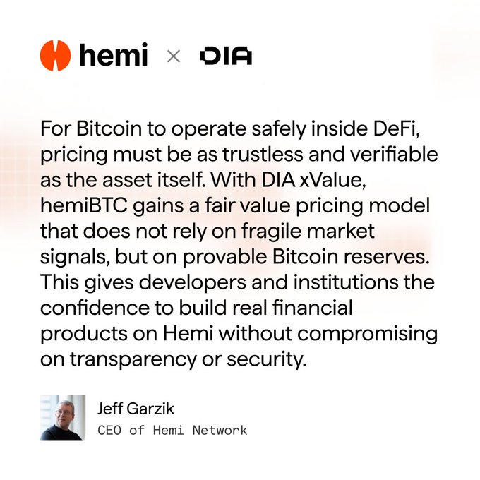 The image features a man's face with his name displayed below him. The text in the image reads "For Bitcoin to operate safely inside DeFi, pricing must be as trustworthy and verifiable as the asset itself. With DIA xValue, hemiBCT gains fair value pricing model that does not rely on fragile market signals but instead on provable Bitcoin reserves."
