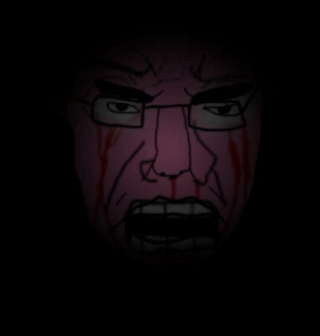 A dark, intense cartoon-style illustration of a furious face with glasses, furrowed brows, gritted teeth, and blood streaming from the eyes and mouth, emerging from a black background. The exaggerated, rage-filled expression humorously captures the "zoomer mind" energy referenced in the post about tuning into the @rasmr_eth stream.