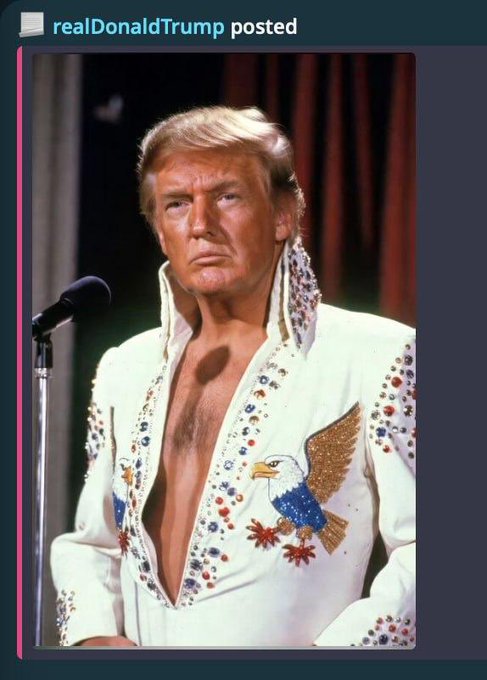 Donald Trump is shown dressed in a flamboyant white jumpsuit adorned with eagles and jewels, reminiscent of Elvis Presley's iconic costumes. This image, posted by "realDonaldTrump," visually supports the notion that Trump is a globally recognized "Key Opinion Leader" (KOL) beyond just the crypto space.