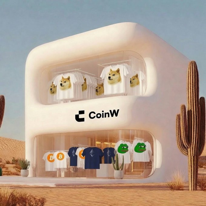 A stylized 3D render of a white boutique storefront labeled 'CoinW' in a desert setting, displaying t-shirts with Doge, Pepe, Bitcoin, and Ethereum logos.