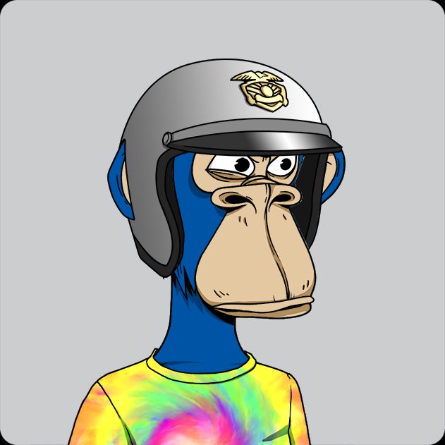 A cartoon NFT-style illustration of a blue monkey wearing a gray helmet with a Marine Corps emblem and a tie-dye shirt.