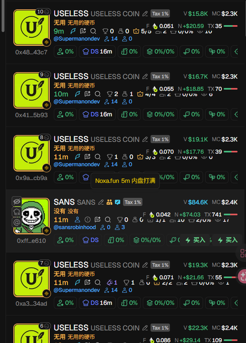 The image displays a cryptocurrency listing for "USELESS COIN" with various metrics, and a "SANS" coin listing with the username "@sansrobinhood." This is relevant to the post's criticism of Robinhood by comparing it to "USELESS COIN" and suggesting buying "$BANKLESS" directly.