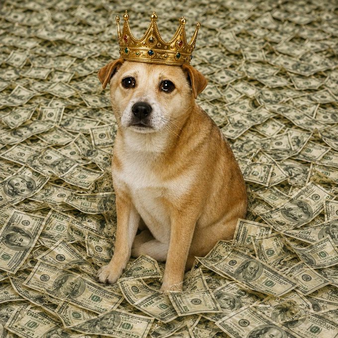A small tan dog wearing an ornate jeweled golden crown sits atop a vast pile of hundred-dollar bills, looking directly at the camera. The image of a "crowned" dog sitting on a bed of money serves as a satirical visual metaphor for the post's message—mocking critics who label the project a "farm" (pump-and-dump scheme), while humorously implying the real returns belong to holders ("the dog" sitting on the cash), reinforcing the defiant tone that the team is still building despite the sideways price action.