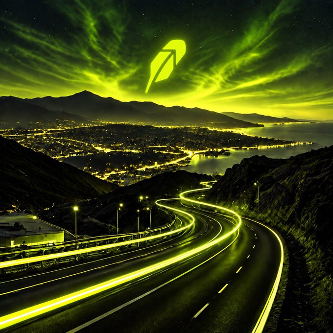 A green-tinted, stylized nighttime landscape featuring a winding highway over a bay, with a glowing rocket logo in the sky.