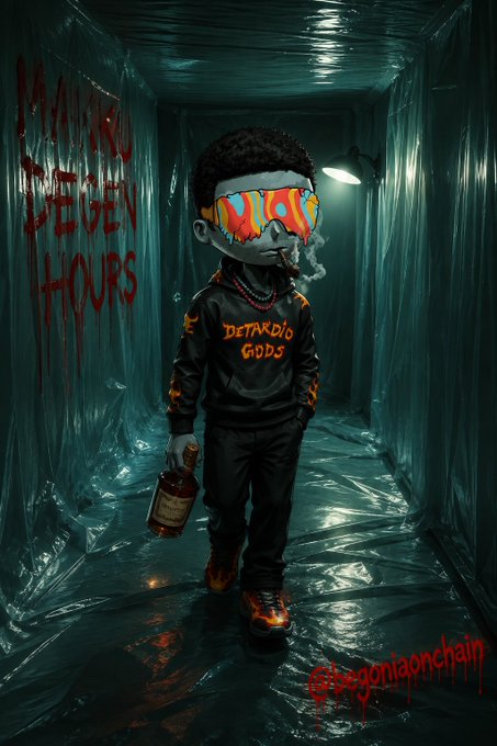 A stylized 3D cartoon figure wearing sunglasses and a black 'DETAKDUG GODS' hoodie walks down a plastic-lined corridor, with red text 'MEMORY FUGUE HOURS' scrawled on the wall.