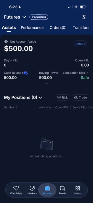 A mobile app screenshot of a 'Futures' trading account showing a 'Net Account Value' of '$500.00' and 'Cash Balance' of '500.00' with 'No matching positions' under 'My Positions'.