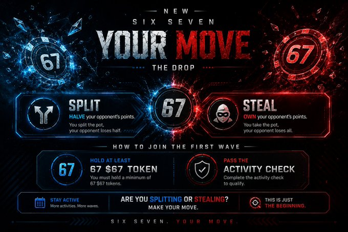 A 'NEW SIX SEVEN YOUR MOVE THE DROP' graphic presents a 'Split or Steal' game mechanic, requiring users to hold 67 tokens and pass an activity check.