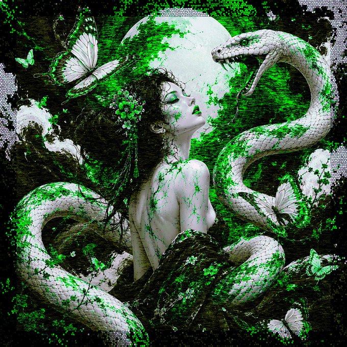 A surreal, green and white digital artwork titled "Venom of Eden" featuring a woman surrounded by white snakes and butterflies against a celestial backdrop. This piece was created by @Armando_SLS as part of a collaboration with @Sneketoshi.