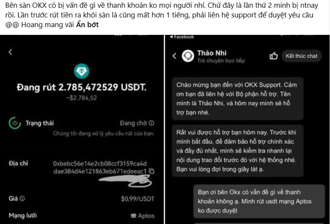A Vietnamese social media post showing screenshots of an OKX cryptocurrency exchange withdrawal issue, with a withdrawal of 2.785472529 USDT pending and a Facebook chat with OKX Support representative Thảo Nhi regarding withdrawal support.