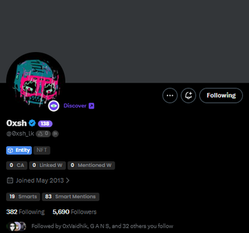 The image shows the Twitter/X profile of "Oxsh" (@0xsh_lk), a verified NFT creator with 19 Smarts and 83 Smart Mentions, who follows 382 accounts and has 5,690 followers. The profile features a glitchy skull avatar and appears to be the artist behind the "CHAOS ATTRACTORS" 10,000 supply Ethereum NFT collection referenced in the post.