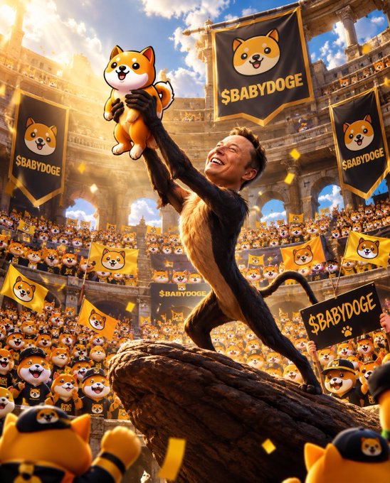 A satirical AI-generated image of Elon Musk depicted as a furry character holding up a Shiba Inu dog mascot in a Roman colosseum filled with supporters holding '$BABYDOGE' banners.
