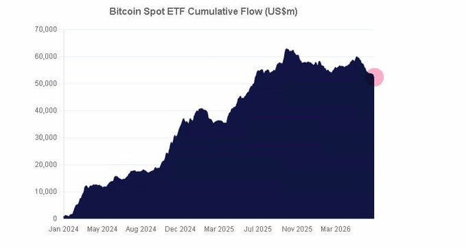 The image is a chart titled "Bitcoin Spot ETF Cumulative Flow (US$m)" showing cumulative inflows rising from near $0 in January 2024 to a peak of approximately $62,000 around late 2025, before declining to roughly $52,000 by mid-2026, with a pink dot highlighting the recent downturn—visually confirming the post's claim of ongoing outflows from Spot BTC ETFs.