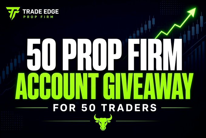 A promotional graphic for 'Trade Edge Prop Firm' advertising a '50 PROP FIRM ACCOUNT GIVEAWAY FOR 50 TRADERS', featuring a green upward trending stock chart on a dark background with a bull icon.