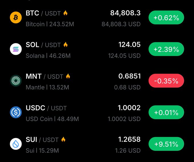 A cryptocurrency price ticker displaying BTC/USDT at 84,808.3 (+0.62%), SOL/USDT at 124.05 (+2.39%), MNT/USDT at 0.6851 (-0.35%), USDC/USDT at 1.0002 (+0.01%), and SUI/USDT at 1.2658 (+9.51%).