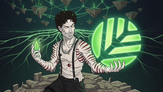 A digital illustration of a bandaged character with glowing yellow eyes holding a green leaf, with a large glowing green circular logo and floating islands in the background.