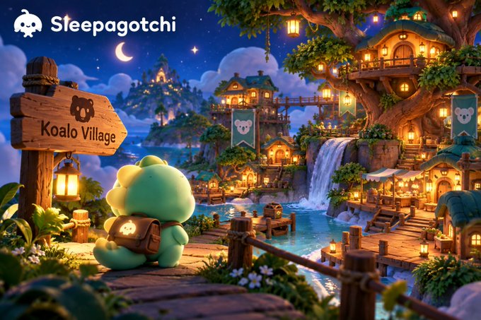 A digital illustration for 'Sleepagotchi' depicting a cute green creature with a backpack in a whimsical, lit-up 'Koalo Village' at night.
