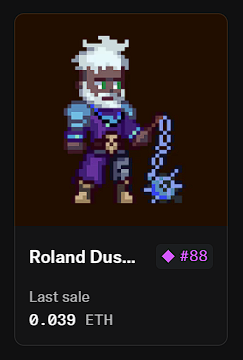 The image features a postcard or card with an illustration of a character, likely from a video game, such as "Roland Dus...". The card has a purple background and black text that reads "Bought a rare (#88) @TollanUniverse Genesis NFT for 0.039ETH (#38). One of the few teams that' s cooking on @AbstractChain with a lot more to come!".