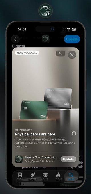 An iPhone screen showing the Apple App Store Events section featuring a 'Plasma One: Stablecoin' app update promoting physical Visa cards with 'just works, pay in mir' visible text.