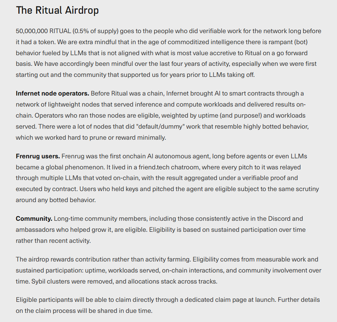 A document titled 'The Ritual Airdrop' describing a 50,000,000 RITUAL (0.5% of supply) token distribution for internet node operators, Frenrug users, and community members.