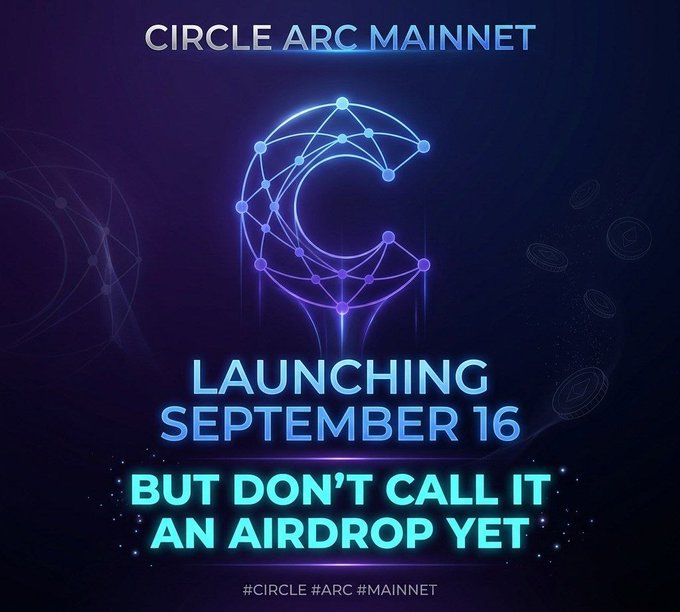 An announcement graphic for 'Circle Arc Mainnet' featuring a glowing neural network logo, with text reading 'Launching September 16' and 'But don't call it an airdrop yet,' along with hashtags '#CIRCLE #ARC #MAINNET'.