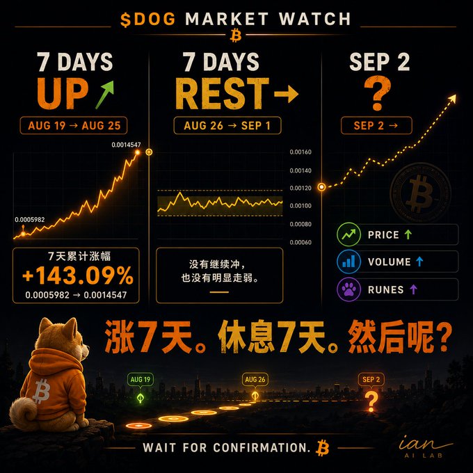 A crypto market analysis infographic titled '$DOG MARKET WATCH' showing a 7-day uptrend (+143.09% from Aug 19-25), a 7-day rest period (Aug 26-Sep 1), and an upcoming Sep 2 period with rising price, volume, and runes metrics, featuring a Shiba Inu dog mascot in an orange Bitcoin hoodie.