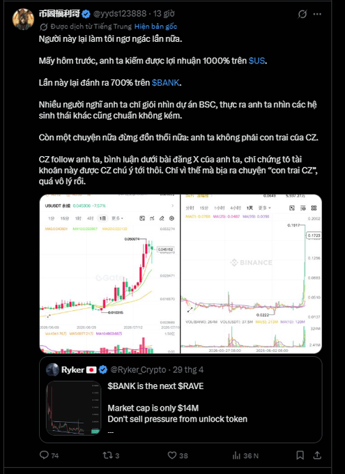A Vietnamese-language X/Twitter post about a trader's success on $US and $BANK tokens, featuring screenshots of Binance trading charts and a quote tweet from Ryker (@Ryker_Crypto) calling $BANK the next $RAVE with a $14M market cap.