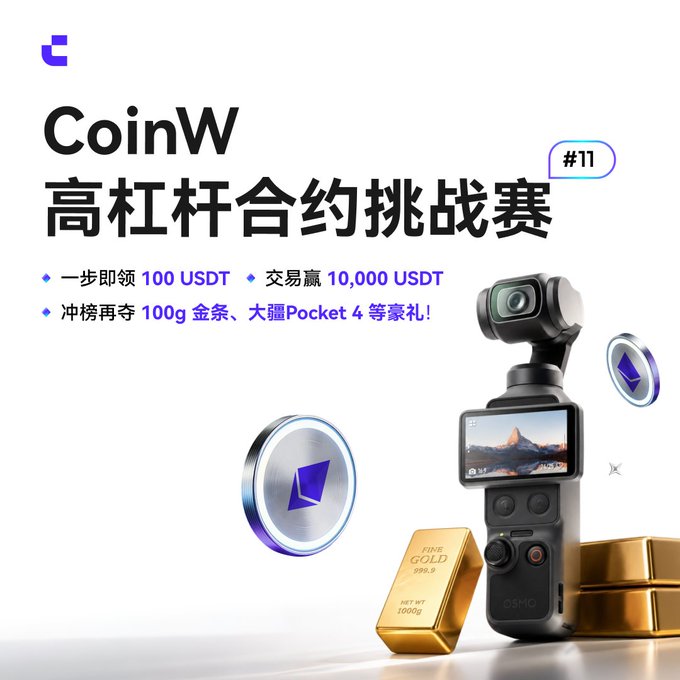 The image features a gold bar sitting next to a camera with an attached webcam as well as some cryptocurrency coins scattered around them. The text at the bottom of the image reads "CoinW High-Leverage Futures Trading Challenge! Some people make a living from market trends, others turn the tables with leverage. And this time, all you need to do is take the first step— One Step to Claim 100 USDT Trade to Win 10,000 USDT Top the Leaderboard for". The coins and bar on display are related to the CoinW challenge, which seems to involve trading in various forms of digital assets like cryptocurrency.