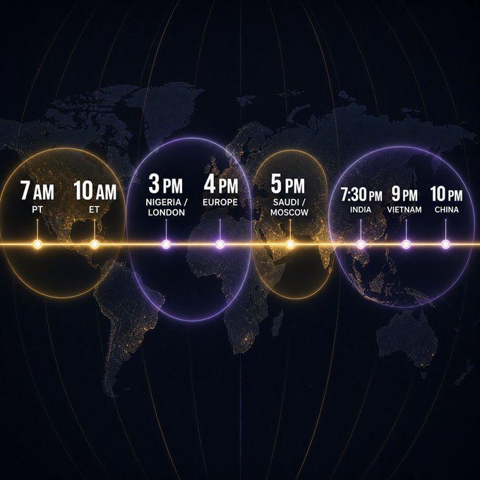 A glowing world map displays an optimal global launch timeline across nine time zones, from 7 AM PT to 10 PM China, with a horizontal timeline highlighting 7 AM PT, 10 AM ET, 3 PM Nigeria/London, 4 PM Europe, 5 PM Saudi/Moscow, 7:30 PM India, 9 PM Vietnam, and 10 PM China—visually reinforcing the post's advice that choosing a launch time aligned with these key markets is a critical part of launch strategy.