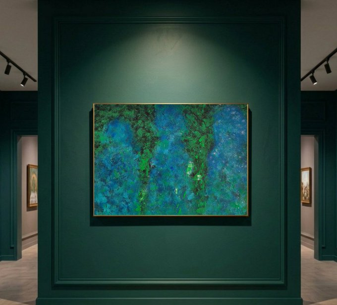 An abstract painting featuring vibrant blues and greens is displayed in a gold frame on a deep green gallery wall, illuminated by overhead spotlights.