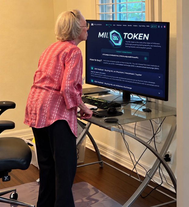 A woman in a pink patterned shirt stands at a desk looking at a computer monitor displaying a webpage about 'MIL TOKEN', which includes instructions for purchasing the token via DEX methods like buying on Phantom/MetaMask/Jupiter or on the Millenaire Exchange.