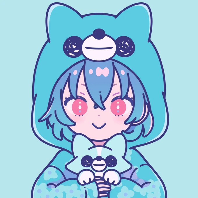 A cute anime-style illustration of a character with teal hair in a cat-ear hoodie, with a small creature on their chest, on a light blue background.