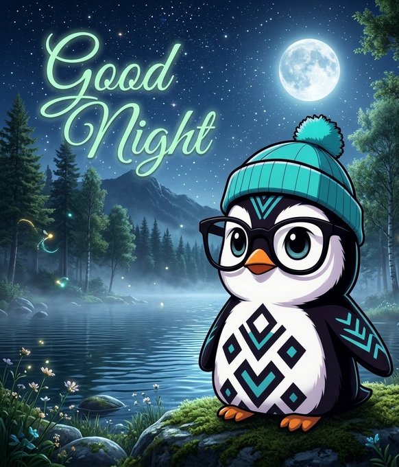 A digital illustration of a penguin wearing a teal beanie and glasses, sitting by a lake at night under a full moon, with 'Good Night' written in stylized text.