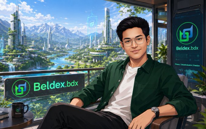 An anime-style illustration of a young man wearing glasses and a green shirt sitting with a laptop, featuring 'Beldex.bdx' branding alongside a futuristic city landscape.