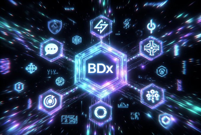 Futuristic digital artwork featuring a central glowing hexagon labeled "BDx" surrounded by various blockchain and tech icons on a dark, neon-lit background.