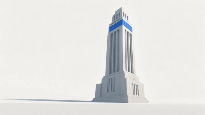 A 3D render of a tall, stylized white skyscraper with Art Deco-inspired vertical columns and a blue band near the top, set against a plain white background.