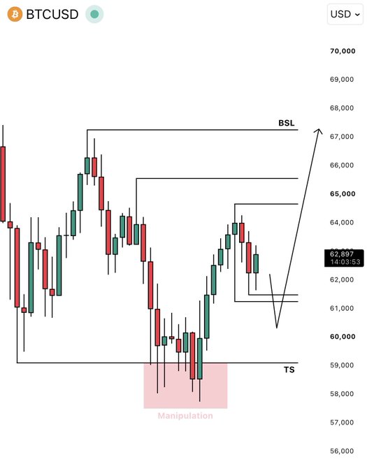 A daily candlestick chart of BTCUSD trading around $62,897 shows a "Manipulation" zone (highlighted in pink) near the $58,000 TS (trading support) level, with annotations marking BSL (buy-side liquidity) at approximately $67,000, suggesting a potential price target following the manipulation sweep of lows.