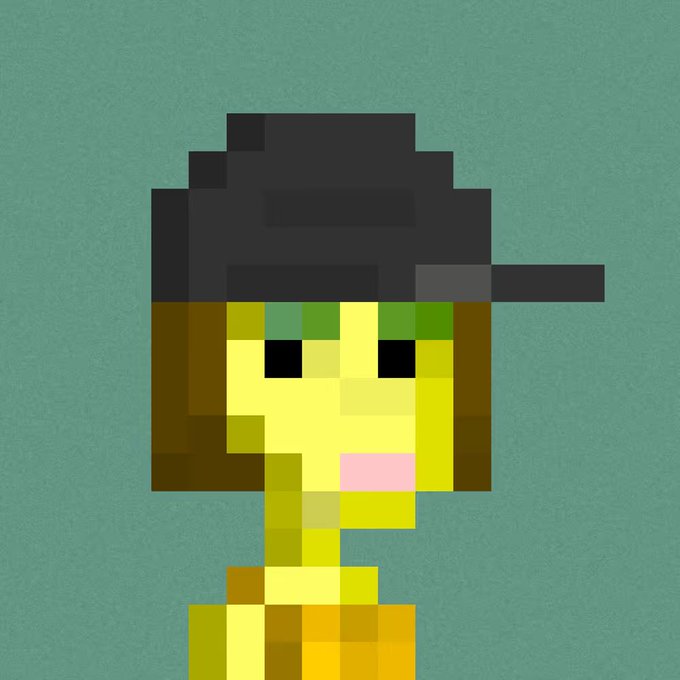 A pixel art portrait of a yellow-skinned character with brown hair wearing a black cap, set against a gray background.