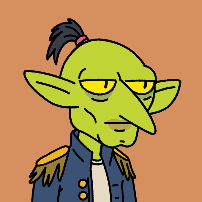 A cartoon drawing depicts a green-skinned goblin-like character with pointed ears, a long nose, yellow eyes, and a black ponytail wearing a blue military-style jacket against an orange background.