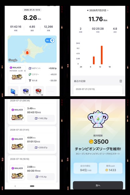 Screenshots of a walking/step-tracking app showing 8.26 Km and 11.76 Km activity stats with maps, charts, and a 3500-point championship league achievement.