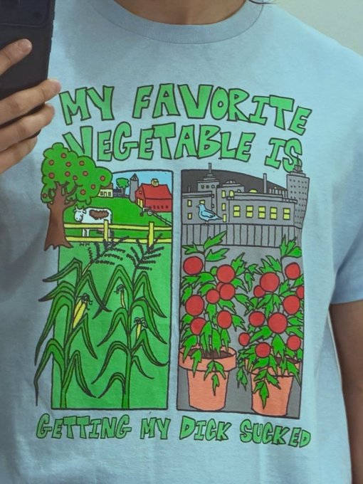 A person wearing a light blue t-shirt with a cartoon graphic reading 'MY FAVORITE VEGETABLE IS GETTING MY DICK SUCKED,' depicting a countryside scene on one side and a city balcony garden on the other.