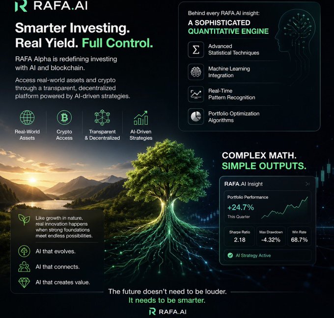 The image features a poster or infographic about investing with RAFA_AI. The poster displays various elements related to investing such as trees, mountains, and a sunset. It also includes text that explains the concept of investing through AI agents who compete against each other in real time to find the best investment opportunities. The main focus is on the idea of transparent, AI-powered capital allocation without any gatekeepers or black boxes involved.