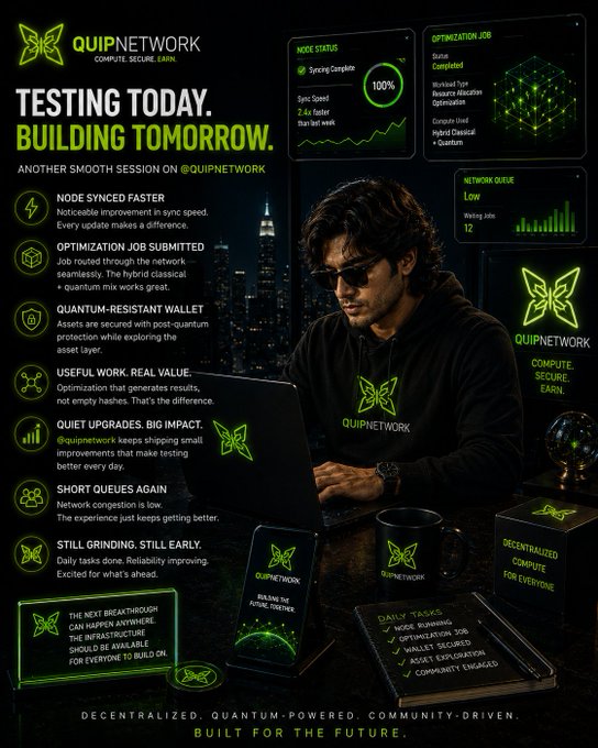 A promotional poster for 'QUIP NETWORK' with the tagline 'TESTING TODAY. BUILDING TOMORROW.' featuring a man in sunglasses and a branded hoodie working on a laptop, surrounded by interface elements showing 'NODE STATUS', 'OPTIMIZATION JOB', and 'NETWORK QUEUE' with green neon accents.