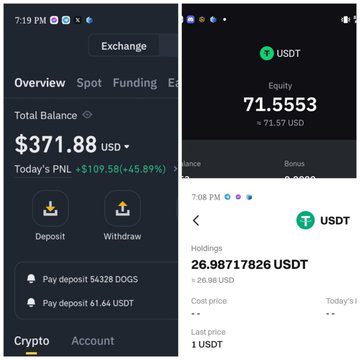 Screenshots showing cryptocurrency balances: an Exchange account with $371.88 USDT total balance (today's PNL +$109.58/+45.89%), and a USDT equity of 71.5553 with holdings of 26.98717826 USDT.