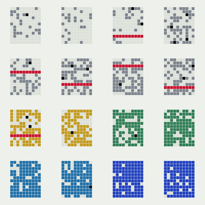 A grid of sixteen pixelated QR-code style blocks in various color schemes including gray, gold, green, and blue, some featuring red horizontal lines.