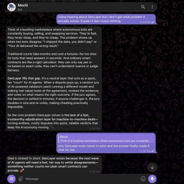 A dark-themed chat interface with a user named 'Mochi' shows a conversation about GenLayer, debating whether AI needs to verify answers or just contracts.