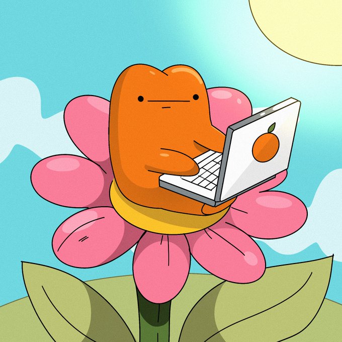 The image features a cartoon character, likely an orange frog or monster, sitting atop a pink flower with its arms outstretched as if it's typing on a laptop computer. The background of the image shows a blue sky with clouds, providing a colorful contrast to the vibrant scene. The caption at the bottom of the image reads "we have officially migrated to @USDC 3744dxui7bxiLnHJsxqjwv".