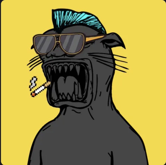 A cartoon illustration of a black panther-like creature with a blue mohawk, gold-rimmed sunglasses, and an open mouth, holding a pixelated smoking cigar against a yellow background.