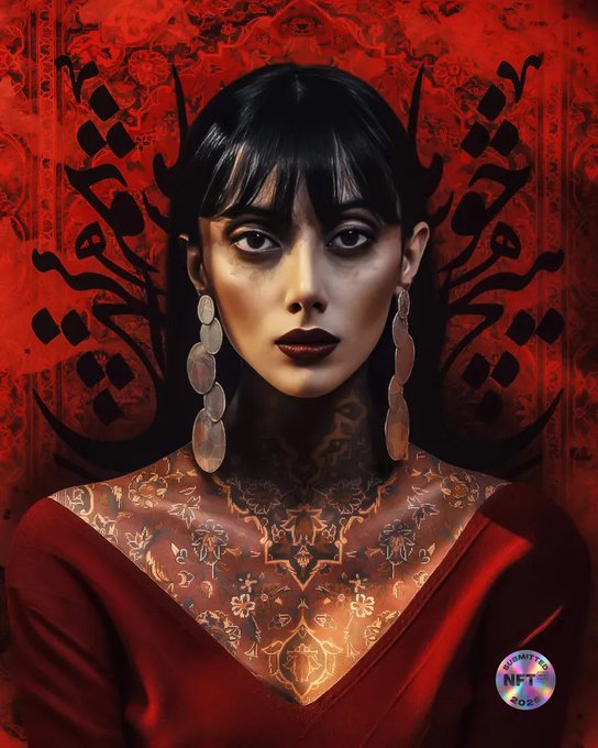 A stylized digital portrait of a dark-haired woman with pale skin, dark lipstick, and long dangling earrings, set against an ornate red patterned background, featuring intricate tattoo-like designs on her chest and a 'Verified NFT 2024' hologram badge in the corner.