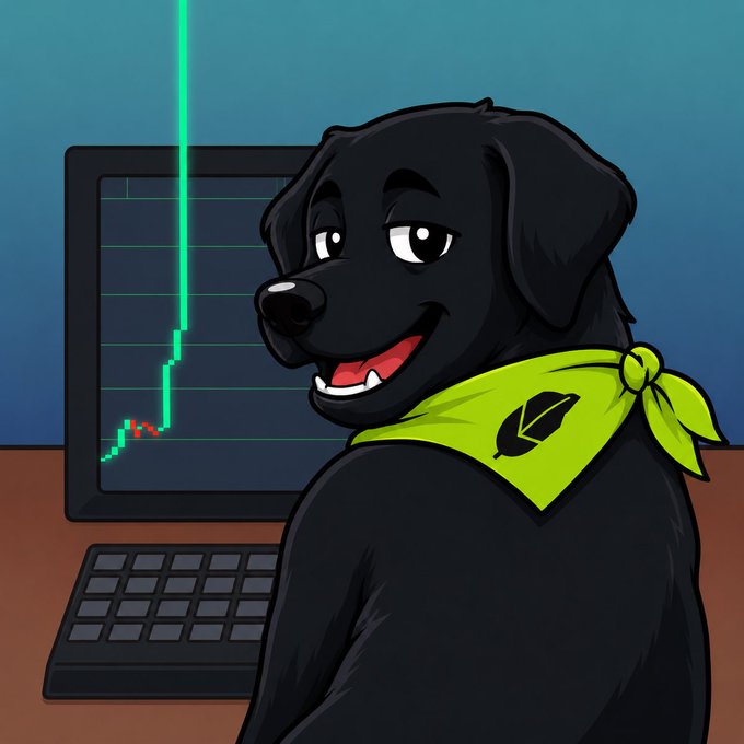 A cartoon black dog wearing a green bandana with a leaf-like logo sits beside a computer displaying a green candlestick chart, reflecting a confident, bullish stance. The image symbolizes the $COOPER token's rising value through transaction burns and strategic buybacks that strengthen the project over time.