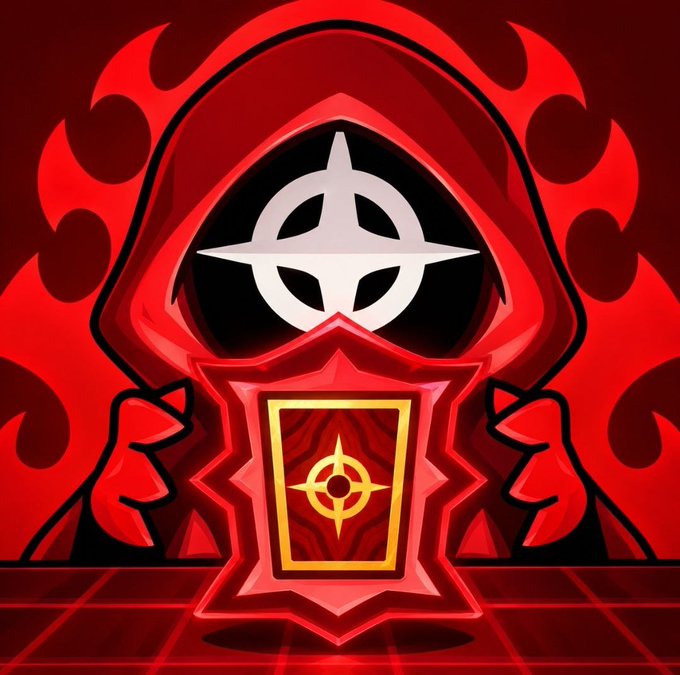 A stylized red illustration of a hooded cloaked figure with a white circular symbol/mask on its face, holding an ornate red and gold emblem/medallion.